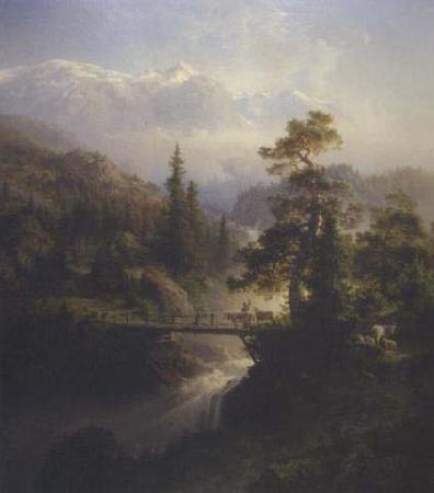 Hans Gude Landskap med buskap og foss oil painting image